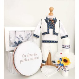 Set Botez Traditional Adi 6 , 4 piese costumas, lumanare, cufar brodat, trusou botez Traditional