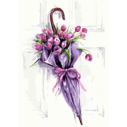 Set goblen cu diamante, cu sasiu, Umbrela cu Flori, 40x50 cm