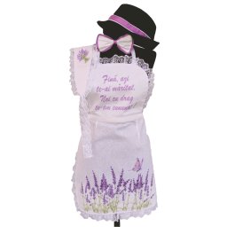 Set dezgatit mireasa 4 piese, model alb cu flori de lavanda, palarie neagra si bentita, SODIS164
