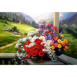 Set goblen cu diamante, fara sasiu, Buchet Alpin, 70x48cm