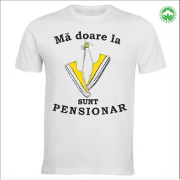Tricou Pensionare alb, personalizat cu textul Ma doare la tenesi, sunt pensionar tenesi galbeni