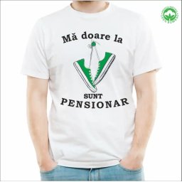 Tricou Pensionare alb, personalizat cu textul Ma doare la tenesi, sunt pensionar tenesi verzi