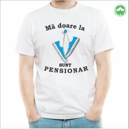 Tricou Pensionare alb, personalizat cu textul Ma doare la tenesi, sunt pensionar tenesi albastri