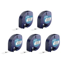 Set 5 etichete originale DYMO LetraTag din plastic alb 12 mm pentru organizare si identificare