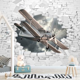 Fototapet 3D Avion Printre Caramizi Albe AMA27 (Alege materialul: : Autocolant Perete Laminat Lucios)