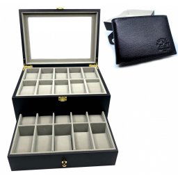Cutie 20 Ceasuri Lux Black Wood + Cadou Portofel West Polo din piele naturala