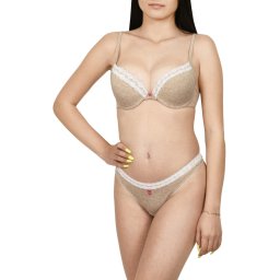 Set sutien semiburetat si chilot tanga, Lemila, bej (Marime chilot: M, Marime cupa: 75C)