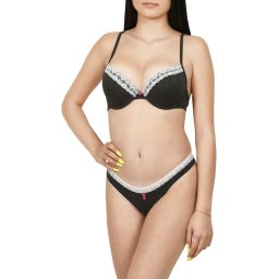 Set sutien semiburetat si chilot tanga, Lemila, gri petrol (Marime chilot: L, Marime cupa: 80A)
