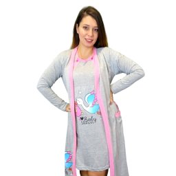 Compleu maternitate, Camasa alaptat + Halat gravide, Grey Pink Birds, Maneca Lunga