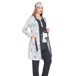 Compleu maternitate, 4 piese, Pijama+ Halat gravide, Milena, Pure Grey, maneca lunga