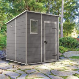 Casuta de gradina, Keter, Gri, 6x6, colectie Manor, cu usa dubla, cu podea, cu ferestre, cu ventilatie, cu ranforsare metalica