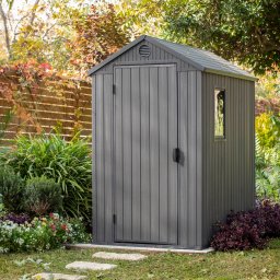 Casuta de gradina, Keter, Gri, 4x6, colectie Darwin, cu usa dubla, cu podea, cu ventilatie, cu ranforsare metalica