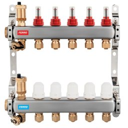 Distribuitor/colector 1" din inox 5 circuite cu debitmetre si robineti termostatati