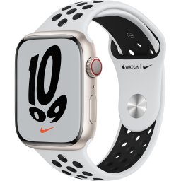 Ceas Smartwatch Apple Watch Nike Series 7, GPS + Cellular, 45mm Starlight Aluminium Case, Pure Platinum/Black Nike Sport Band