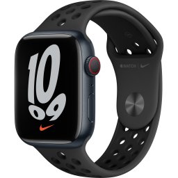 Ceas Smartwatch Apple Watch Nike Series 7, GPS + Cellular, 45mm Midnight Aluminium Case, Anthracite/Black Nike Sport Band