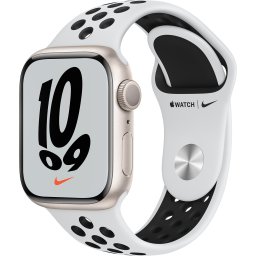 Ceas Smartwatch Apple Watch Nike Series 7, GPS, 41mm Starlight Aluminium Case, Pure Platinum/Black Nike Sport Band