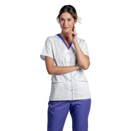 Halat medical cu elastan alb cu paspol mov, capse si trei buzunare aplicate
