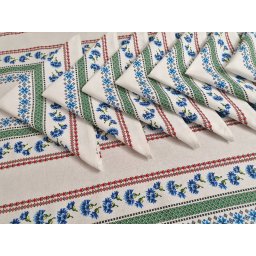 Fata de masa din bumbac 100% cu 12 servetele- imprimeu albastrele, 3,5 x 1,5 m, model Flori de camp