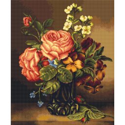 Set goblen de cusut, cu diagrama, Vaza cu trandafiri si flori, 24x29cm