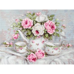 Set goblen de cusut, cu diagrama, Set ceai cu trandafiri, 30x22cm