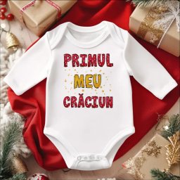 Body bebelusi personalizat pentru Craciun model Primul meu Craciun-rosu-auriu