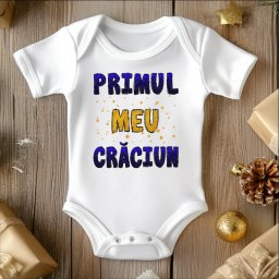 Body bebelusi personalizat pentru Craciun model Primul meu Craciun albastru auriu
