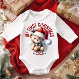 Body pentru bebe personalizat cu tematica de Craciun model Baby s first Christmas