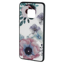 Husa Just Must Carcasa Glass Diamond Print Huawei Mate 20 Pro Flowers White Backgound (spate din sticla cu cristale, interior si margini cauciucate negre)
