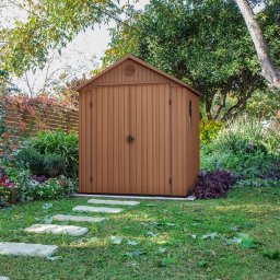 Casuta de gradina, Keter, Maro, 6x8, colectie Darwin, cu usa dubla, cu podea, cu ventilatie, cu ranforsare metalica