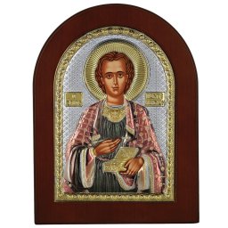 Icoana Argint Sfantul Pantelimon 15 x 21 cm Color cu Rama Maro