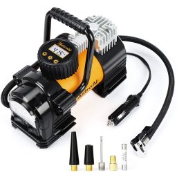 Compresor Auto Metalic AstroAI 12V, 150PSI, Digital, Lumina de urgenta, Adaptoare incluse, geantra transport, Galben