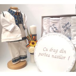 Set Traditional Botez - Costumas baietel Trusou Cutie pentru trusou Lumanare Albastru
