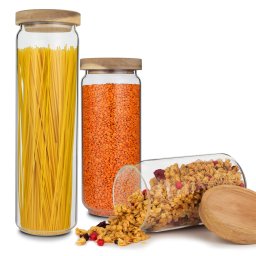 Klarstein Lovage, caserole alimentare, 0,75, 1,1, 1,5 l, set de 3 bucăți, sticlă borosilicată, capac din lemn de salcâm, silicon (-)