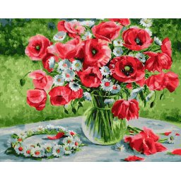 Set pictura pe numere premium, cu sasiu, Buchet de maci si margarete, 40x50 cm