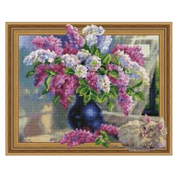 Set goblen cu diamante, cu sasiu, Pisica si florile de liliac, 40x50 cm