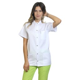 Halat medical alb cu guler tip tunica si trei buzunare