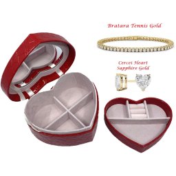 Perfect Lady Gift Set: Cutie Bijuterii Inima Rosie, Bratara Tennis Gold, Cercei Gold Heart