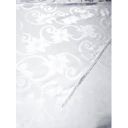 Fata de masa damasc cu dantela, 140x250 White Flowers, cu 12 servetele fara dantela
