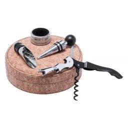 Set 4 accesorii vin in cutie rotunda, ø150mm ×40mm, Everestus, 20FEB17201, Pluta, Natur, Argintiu