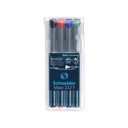 Universal permanent marker SCHNEIDER Maxx 222 F, varf 0.7mm, 4 culori/set - (N, R, A, V)