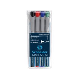 Universal non-permanent marker SCHNEIDER Maxx 225 M, varf 1mm, 4 culori/set - (N, R, A, V)
