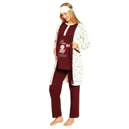 Compleu maternitate, 4 piese, Pijama+ Halat gravide, Milena, Royal Garnet, maneca lunga