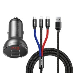 Set incarcator auto Digital Display, IMK-TZCCBX-0G, 2 porturi USB, Quick Charge, SCP, 24W, Afisaj tensiune, Negru, Cablu de date 3 in 1 inclus