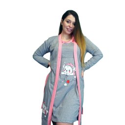 Compleu maternitate, Camasa alaptat + Halat gravide, Grey-Red, Maneca Lunga