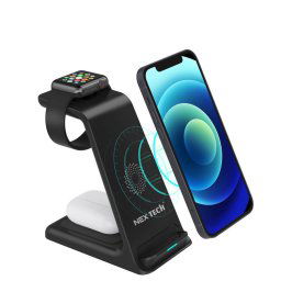 Incarcator NEX wireless NEX TECHÂ® Statie de incarcare 3 in 1 Qi Fast Charger 15W Compatibil iPhone Samsung Huawei Xiaomi Apple Watch Airpods 2 3 Pro Negru