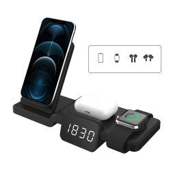 Incarcator NEX Wireless NEX TECHÂ® Statie de Incarcare 4 in 1 cu ceas digital Incarcare Rapida 15W Qi Fast Charger Compatibil cu Apple Watch Airpods 2 3 Pro iPhone Android Samsung Huawei Xiaomi Negru