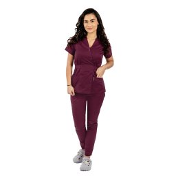 Costum medical visina, cu bluza tip kimono si pantaloni visina cu elastic