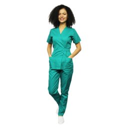 OUTLET Costum medical verde, cu bluza tip kimono si pantaloni cu elastic