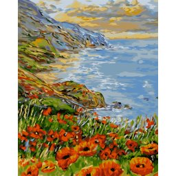Set pictura pe numere , cu sasiu, Peisaj de coasta cu maci, 40x50 cm