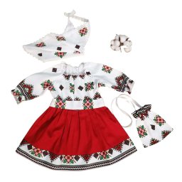 Costumas botez fetita, 4 piese, model motive traditionale & fusta rosie cu floricele roz - ODIS201006